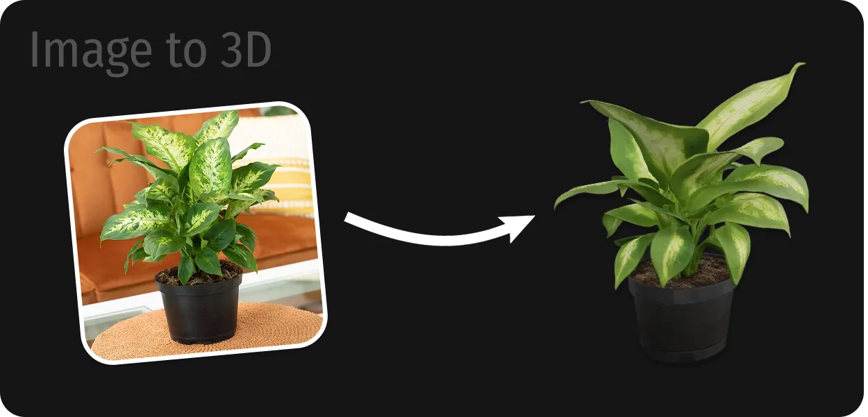 A single photo of a potted plant generated into a 3D Gaussian splat by Generato
