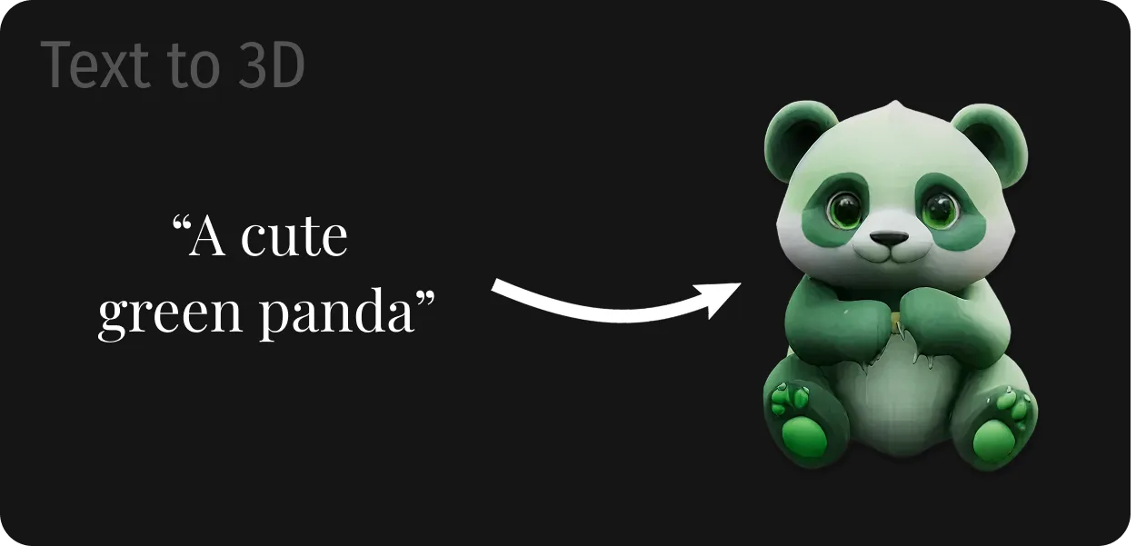 A text prompt "a cute green panda" turned into a 3D panda model by Generato